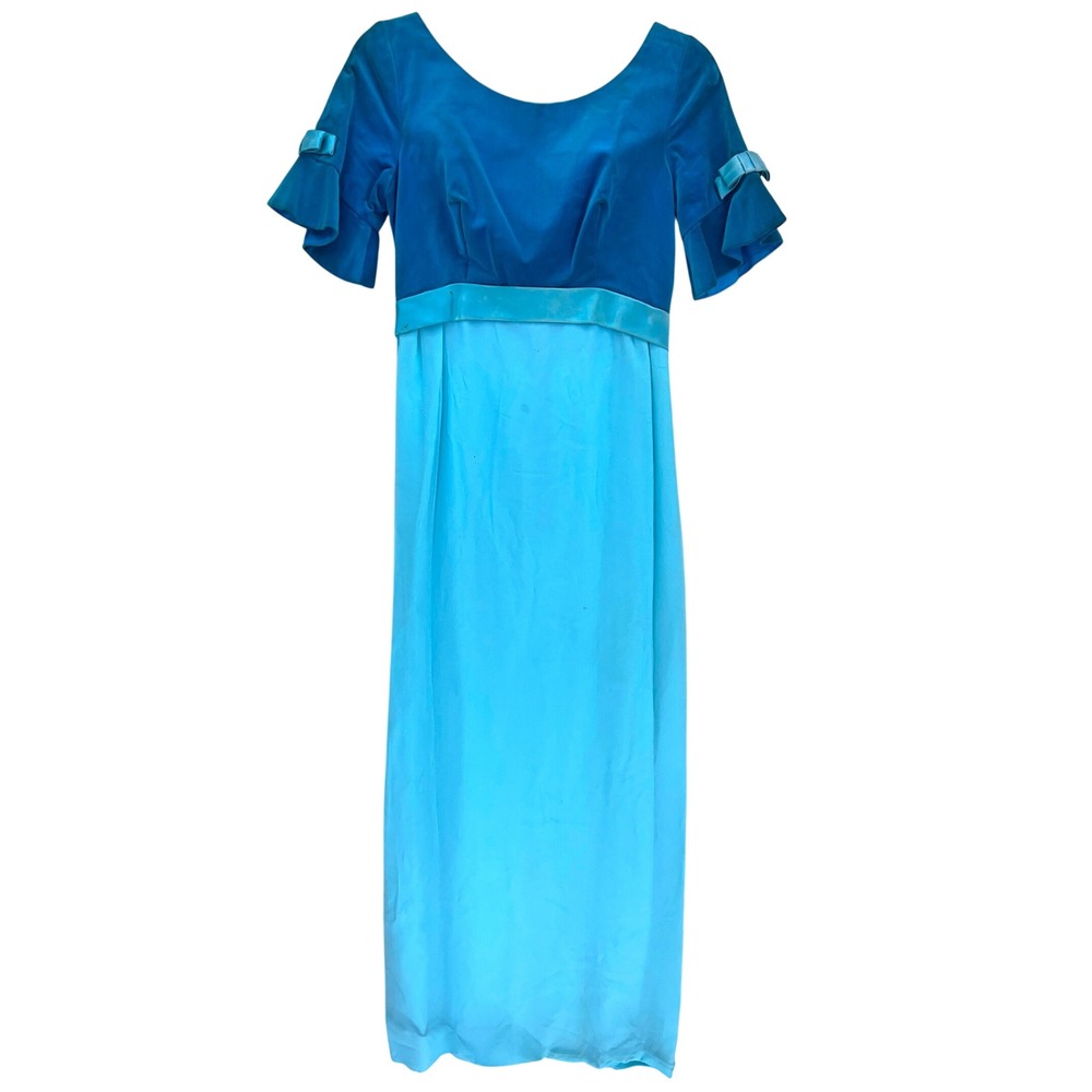 ILGWU Blue Maxi Dress Small 1960s Velvet Empire Waist Ruffle Sleeve Bow Gown